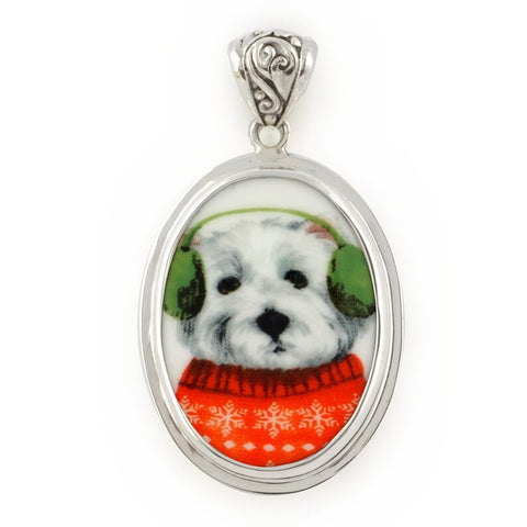 Broken China Jewelry Westie Winter Dog in Earmuffs and Sweater Sterling Oval Pendant