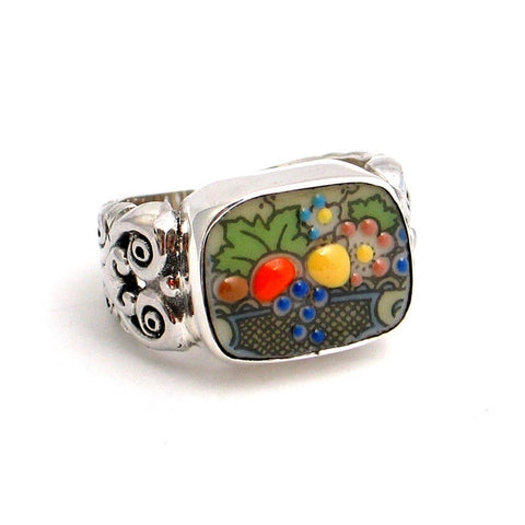 Size 11 - Broken China Jewelry Autumn Fruit Basket Sterling Ring
