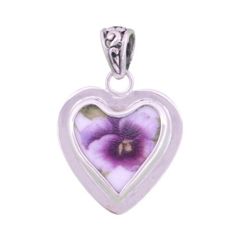 Broken China Jewelry Purple Pansy Flower C Sterling Heart Pendant Facing Right