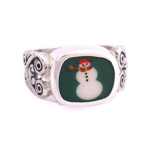 SIZE 9 Broken China Jewelry Retro Mod Green Snowman Snow Man Sterling Ring