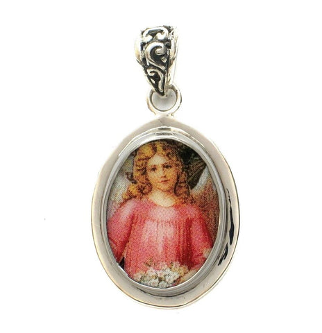 Broken China Jewelry Victorian Christmas Pink Angel Sterling Oval Pendant