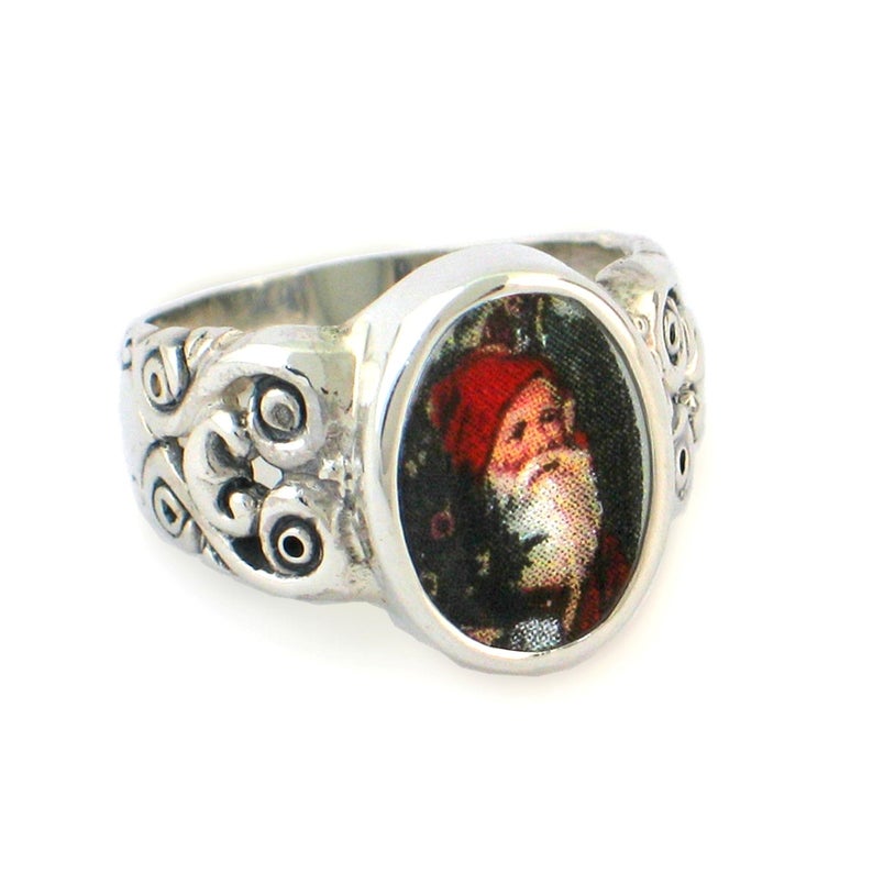 Size 9 Broken China Jewelry Victorian Christmas Santa Sterling Oval Ring