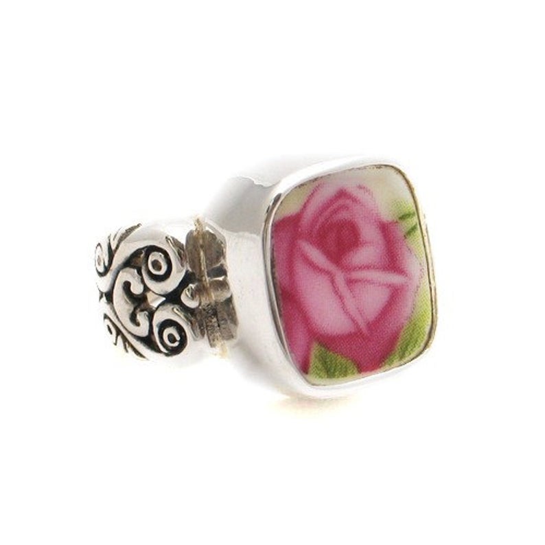 SIZE 8 Broken China Old Country Roses Pink Rose Sterling Silver Ring